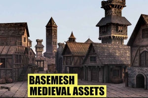 Blender中世纪房屋模型资产【Basemesh Vol2 : Medieval Assets (uv+ Textures)】