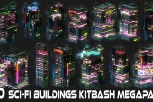 80个赛博朋克房屋模型【80 Sci-Fi Cyberpunk City Building Kitbash Pack】